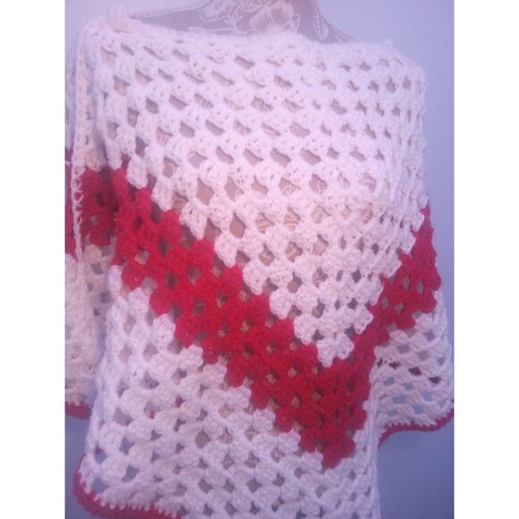 Vtg Granny Knit Poncho Cape Sweater hand 60s 70s jacket handmade boho shawl s/m - Picture 6 of 6